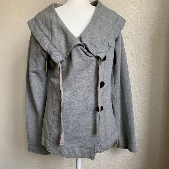 LUCKY BRAND Shrunken Grey Cotton Knit Jacket with Drawstring Collar L - Picture 6 of 8